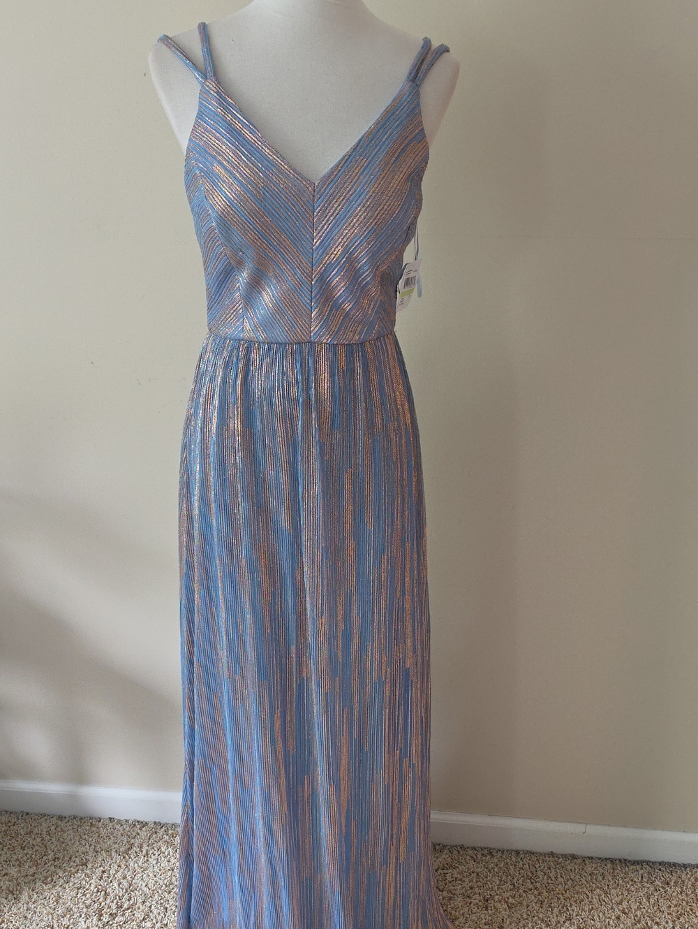 NW Nightway Blue Metallic Stripe V-Neck Maxi Dress Brand New
